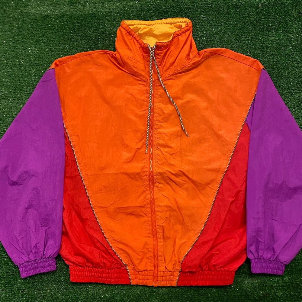 Vintage 90s Speedo Colorblock Windbreaker Jacket Colorful Neon Nylon Surf Zip Up